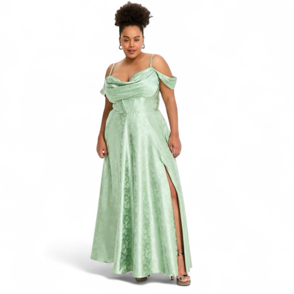 B Darlin
Trendy Plus Size Off-The-Shoulder Satin Jacquard Gown in Sage Green